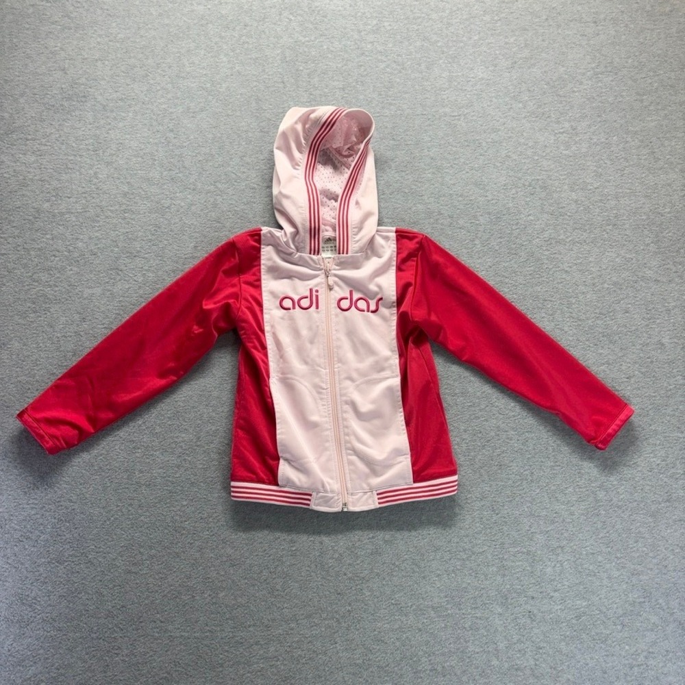 Vintage Adidas Track Jacket Girls 6 Pink Color Block Spellout Hooded Y2K